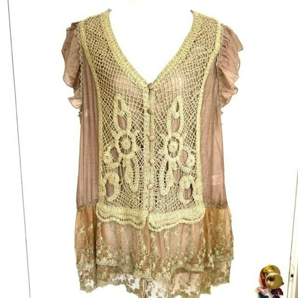 NWOT SCULLY BRONZE BEIGE SEMI-SHEER LAYERED LACE BLOUSE SIZE LARGE - Picture 2 of 13